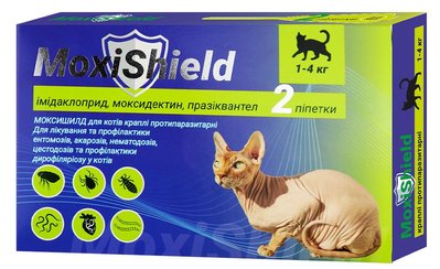 Краплі Моксишилд MoxiShield від бліх, кліщів і глистів для котів вагою 1-4 кг, 2 піпетки по 0.4 мл (M-814) 6263 фото