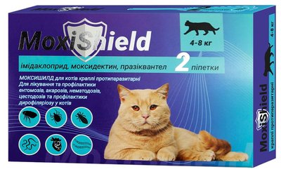 Краплі Моксишилд MoxiShield від бліх, кліщів і глистів для котів вагою 4 - 8 кг, 2 піпетки по 0.8 мл (M-816) 6264 фото