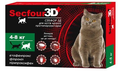 Краплі Секфор 3Д Secfour 3D від бліх і кліщів для котів вагою від 4 до 8 кг, 2 піпетки (S-747) 6270 фото