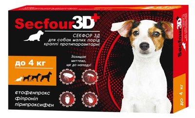 Краплі Секфор 3Д Secfour 3D від бліх і кліщів для собак вагою до 4 кг, 2 піпетки (S-746) 6271 фото