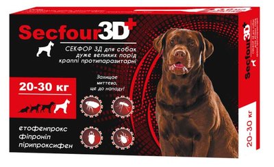 Краплі Секфор 3Д Secfour 3D від бліх і кліщів для собак вагою від 20 до 30 кг, 2 піпетки (S-750) 6274 фото