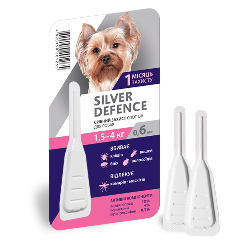 Срібний Захист для собак 1,5 - 4 кг Silver Defence краплі на холку від бліх, кліщів, 1 піпетка 761 фото