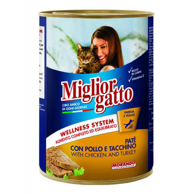 Морандо Morando Migliorgatto Wellness System Pate Chicken & Turkey паштет з куркою та індичкою для котів, 6 консервів по 400 гр 15654 фото