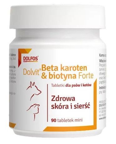 Долвит Бета Каротин Биотин Форте Мини Dolfos Dolvit Beta Karoten & Biotyna Forte Mini витамины для кожи и шерсти мелких собак, 90 мини таблеток 670 фото