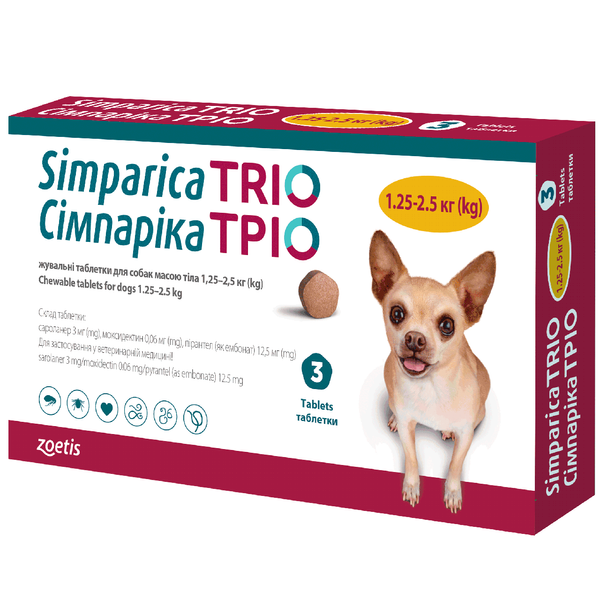 Симпарика Трио таблетка от блох, клещей, глистов для собак от 1,3 до 2,5 кг, 3 таблетки 4870 фото