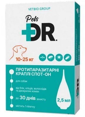 Доктор Петс Dr.Pets краплі від бліх та кліщів для собак вагою від 10 до 25 кг, 1 піпетка 15545 фото