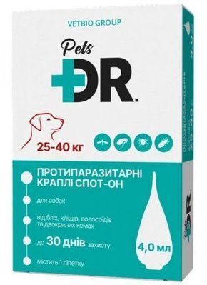 Доктор Петс Dr.Pets краплі від бліх та кліщів для собак вагою від 25 до 40 кг, 1 піпетка 15546 фото