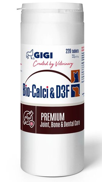 Біо Кальцій Gigi Bio Calci &D3F вітаміни для здоров'я кісток собак і кішок з кальцієм, фосфором, 220 пігулок 4906 фото