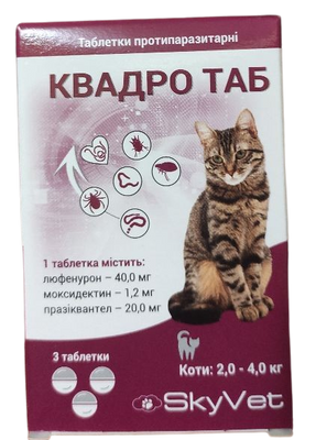 Таблетки Квадро Таб от глистов, блох и клещей для кошек весом от 2 до 4 кг, 3 таблетки 6669 фото