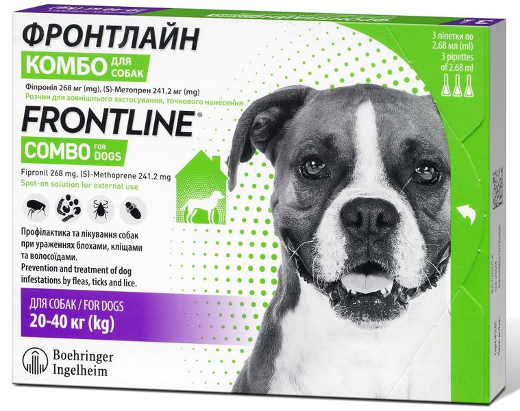 Фронтлайн Комбо Frontline Combo капли от блох и клещей для собак весом от 20 до 40 кг, 3 пипетки 725 фото