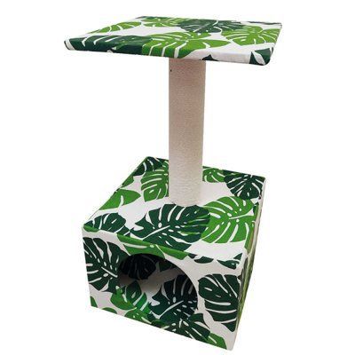 Когтеточка с полкой на домике Croci Green Leaves Cave 30*30*55 см для кошек, цвет зелёные листья (C6021108) 8048 фото