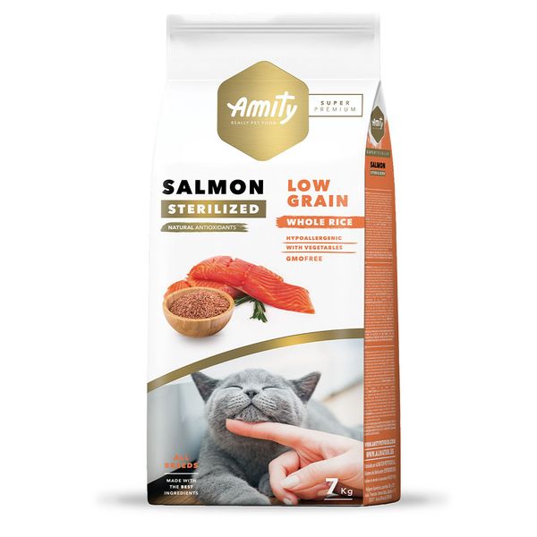 Амити Amity Super Premium Low Grain Salmon Sterilized Cat сухой корм с лососем для стерилизованных кошек, 7 кг (SP 946 STER SALM 7KG) 7107 фото