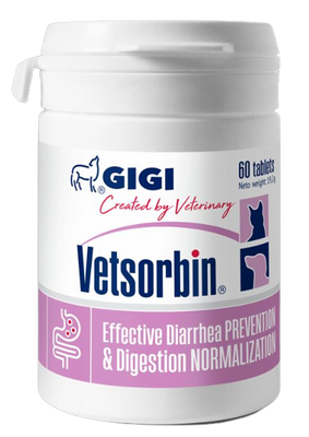 Ветсорбін Gigi Vetsorbin адсорбент для нормалізації роботи кишечника у маленьких собак та котів, 60 таблеток 4920 фото