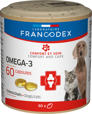 Вітаміни Francodex Omega-3 Dog Cat з Омега-3 у разі болю в суглобах у котів і собак, 60 капсул 7149 фото
