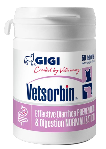 Ветсорбін Gigi Vetsorbin адсорбент для нормалізації роботи кишечника у маленьких собак та котів, 60 таблеток 4920 фото