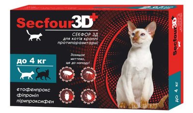 Краплі Секфор 3Д Secfour 3D від бліх і кліщів для котів вагою до 4 кг, 2 піпетки (S-745) 6269 фото
