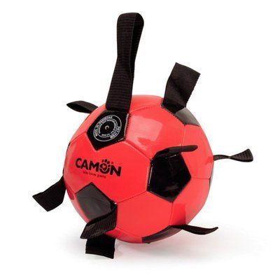 Игрушка для собак CAMON мяч футбольный из ПВХ размер 5 с полиэстеровыми ручками, черный/красный, 21 см AD0533 фото