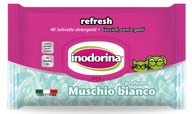 Inodorina Salvietta Refresh Muschio Bianco серветки з ароматом мускусу для котів та собак, 40 серветок 5747 фото