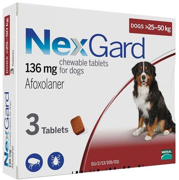 Нексгард Nexgard таблетки от блох и клещей для собак весом от 25 до 50 кг, 3 таблетки 942 фото