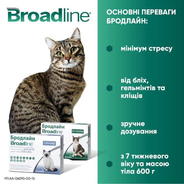 Бродлайн Broadline краплі на холку від глистів бліх та кліщів для кішок вагою від 2,5 до 7.5 кг,, 3 піпетки 912 фото