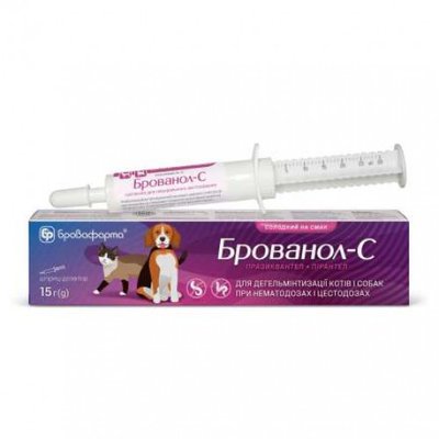 Брованол-С лікування та профілактика собак і котів за нематодозів та цестодозів, 15 гр шприц - дозатор 5081 фото