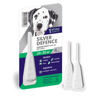 Срібний Захист для собак 20-30 кг Silver Defence краплі на холку від бліх, кліщів, 1 піпетка 45 фото