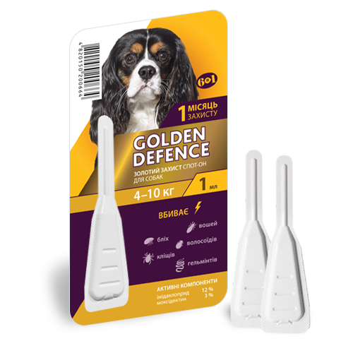 Золотая Защита для собак 4-10 кг Golden Defence капли от глистов, блох и клещей, 1 пипетка 737 фото