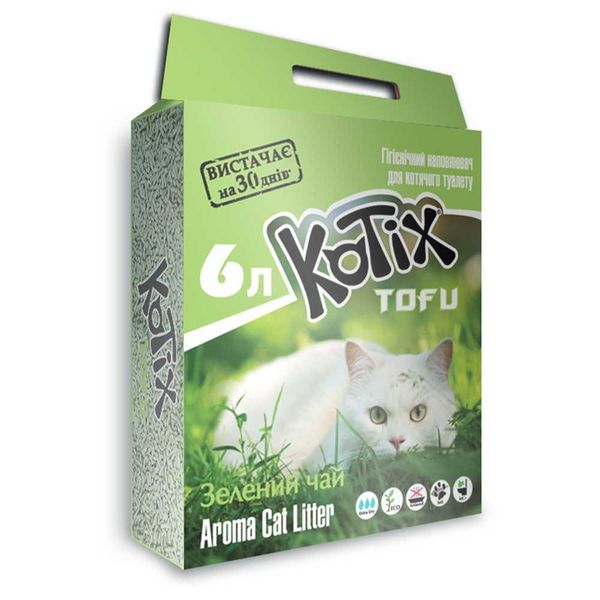 Котикс Тофу Зелёный Чай Kotix Tofu Green Tea соевый гранулированный наполнитель для кошачьего туалета, объём 6 л 5169 фото