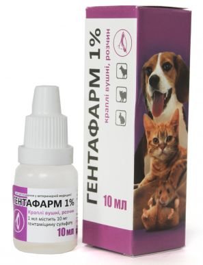 Гентафарм 1% краплі вушні з гентаміцином для собак, кішок, кроликів і декоративних гризунів, 10 мл 536 фото