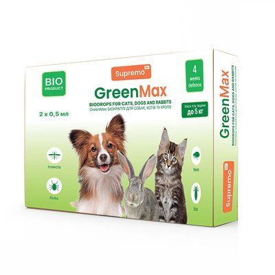 Краплі SUPREMO GREENMAX БІО для котів, дрібних собак та кролів, вагою до 5 кг, 0,5 мл - 2 шт./кор. профілактика від паразитів до 4 НФ-00005184 фото