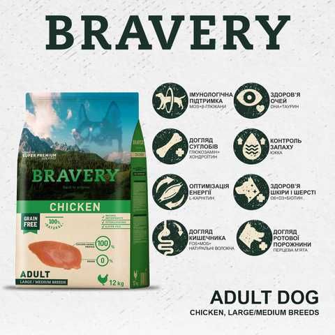 Бравери Bravery Chicken Adult Dog Large/Medium сухой корм с курицей для собак средних и крупных пород, 12 кг (6626) 6532 фото