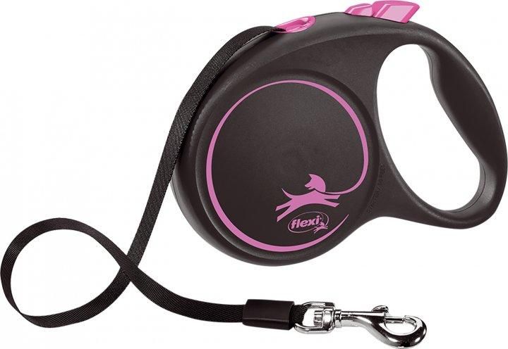 Поводок рулетка Flexi Black Design М, для собак весом до 25 кг, лента 5 метров, цвет розовый 4334 фото
