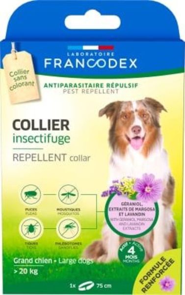 Нашийник-репелент Francodex Repellent Collar з гераніолом від бліх і кліщів для собак вагою понад 20 кг, 75 см 7163 фото