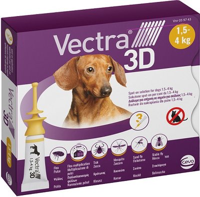 Вектра 3D Vectra 3D Ceva краплі від бліх, кліщів, комарів для собак вагою від 1,5 до 4 кг, 3 піпетки 894 фото