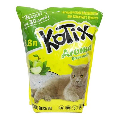 Котікс запах Зелене Яблуко Kotix Aroma Green Apple силікагелевий бактерицидний наповнювач для котячого туалету, об'єм 3,8 л 5158 фото