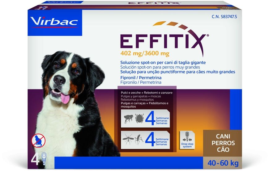 Эффитикс 40 - 60 кг Effitix Virbac капли для собак от блох, клещей, комаров, мух, власоедов, 1 пипетка 3740 фото