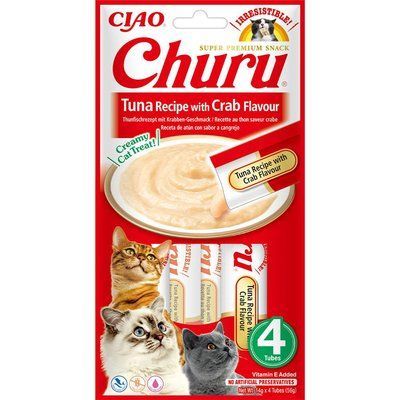 Ласощі INABA "Churu" для котів, вершковий мус в стіках, тунець/краб 4*14 гр EU114 фото