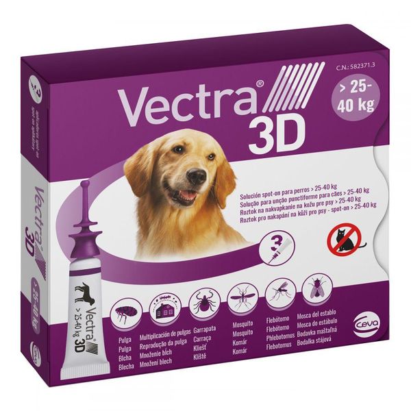 Вектра 3D Vectra 3D Ceva краплі від бліх, кліщів, комарів для собак вагою від 25 до 40 кг, 3 піпетки 897 фото