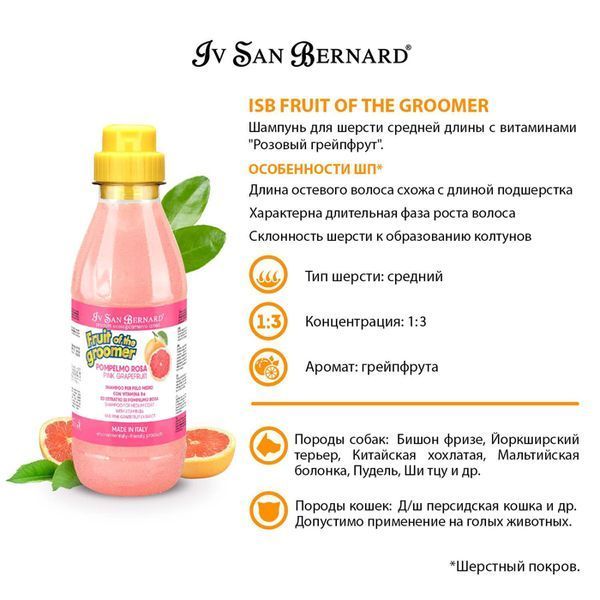 Шампунь Рожевий Грейпфрут Iv San Bernard Pink Grapefruit для вовни середньої довжини собак та котів, 1 л 1548 NSHAPO1000 фото