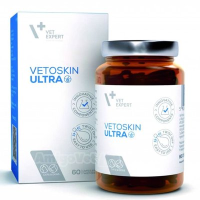 Ветоскін Ультра Vetexpert Vetoskin Ultra добавка при захворюваннях шкіри та шерсті у собак і котів, 60 капсул 7109 фото