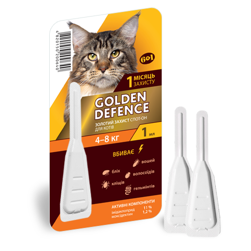 Золотая Защита для кошек от 4 кг до 8кг Golden Defence капли от глистов, блох и клещей, 1 пипетка 734 фото