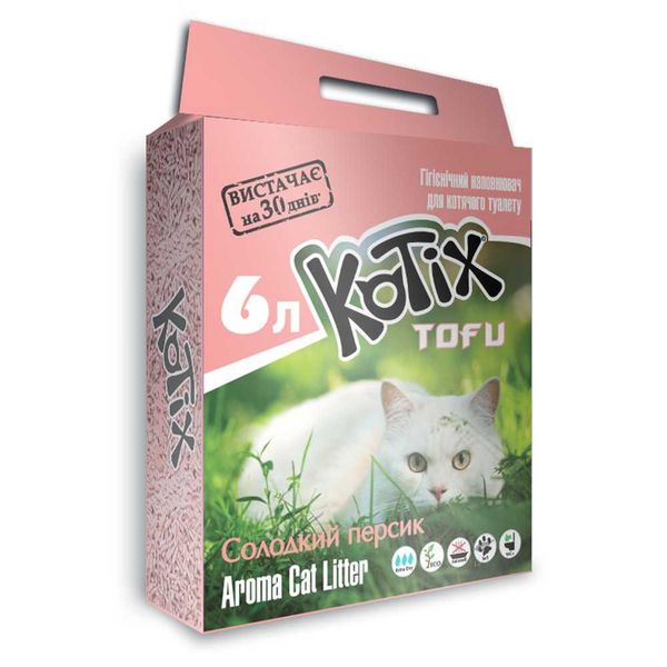 Котікс Тофу Солодкий Персик Kotix Tofu Honey Peach гранульований соєвий наповнювач для котячого туалету, об'єм 6 л 5170 фото