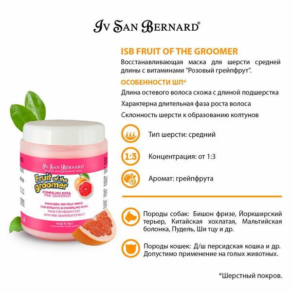 Відновлююча маска Рожевий Грейпфрут Iv San Bernard Pink Grapefruit для собак та котів, 1 л 5467 фото