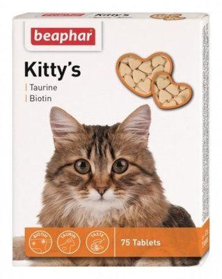 Beaphar Kittys Taurin + Biotin витаминизированное лакомство с биотином и таурином для кошек, 75 таблеток (сердечки) 11869 фото
