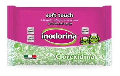 Inodorina Soft Touch Monouso Clorex рукавичка з хлоргексидином для очищення шерсті у собак і котів, 1 рукавичка (2400010004) 5922 фото