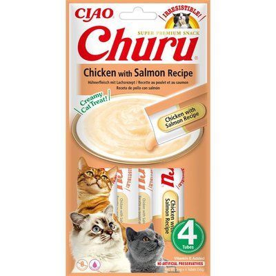 Ласощі INABA "Churu" для котів, вершковий мус в стіках, курка/лосось 4*14 гр EU116 фото