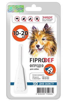 Фіпродеф Fiprodef краплі від бліх, кліщів волосоїдів вошей для собак вагою від 10 до 20 кг, 1 піпетка х 2 мл 4117 фото