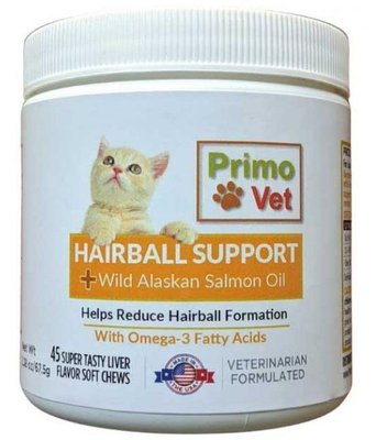 Вітаміни Прімо Вет Hairball Support Primo Vet з маслом дикого лосося для виведення вовни зі шлунка кішок, 45 таблеток 3901 фото