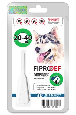 Фіпродеф Fiprodef краплі від бліх, кліщів волосоїдів вошей для собак вагою від 20 до 40 кг, 1 піпетка х 4 мл 4118 фото