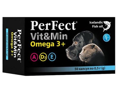 Perfect Vit&Min Omega 3+ вітаміни для собак і кішок з риб'ячим жиром, 50 капсул по 0,5 гр 4929 фото